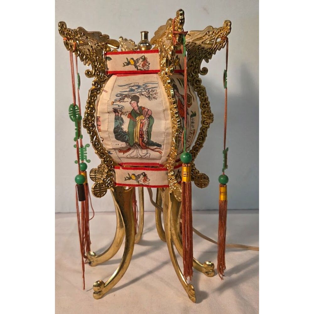 Vintage Asian Table Lamp Pagoda Style Fabric Shade Tassels